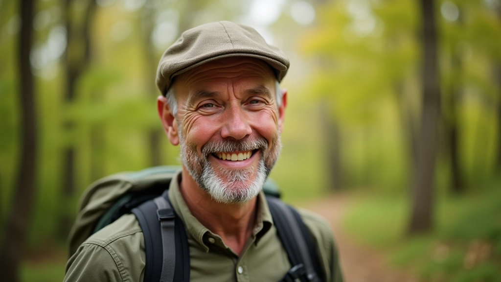 Portrét středního věku muže, průvodce, úsměv, outdoor fotografie