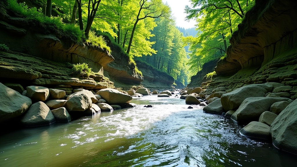 Krásná řeka tekoucí horskou krajinou, přírodní scenérie